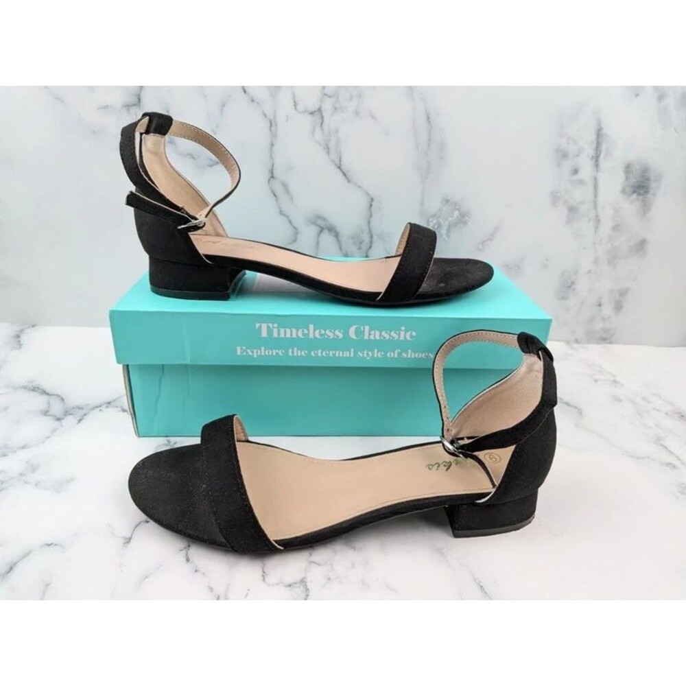Women's Black Sandals Dressy 1 Inch Low Block Heel Strappy Open Toe Shoes 9